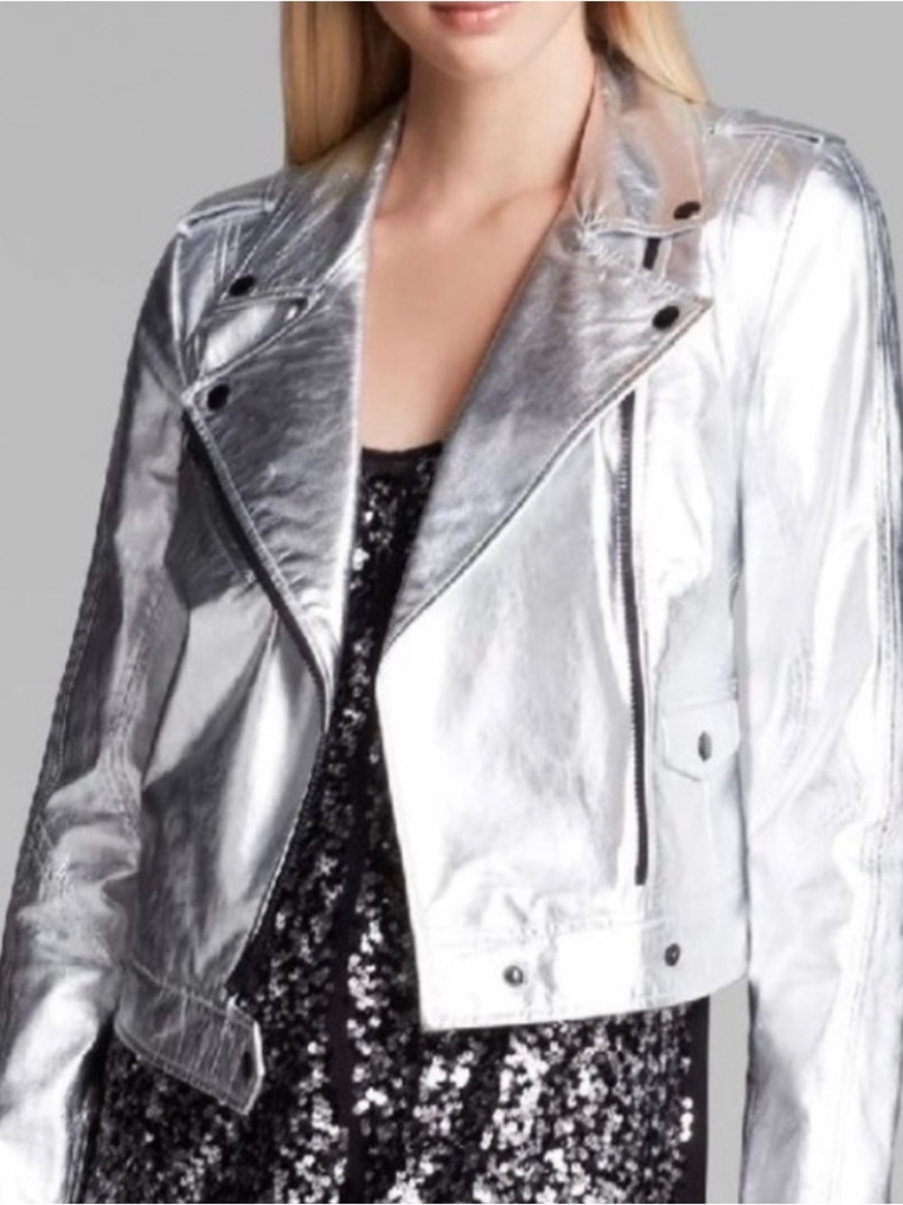 LEATHER DKNY Silver Metallic Moto Jacket